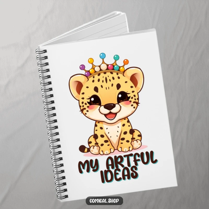 Funny giggling cheetah cub wearing a crown of colorful beads, on the cover of a notebook, for jotting down happy thoughts, a funny gift.