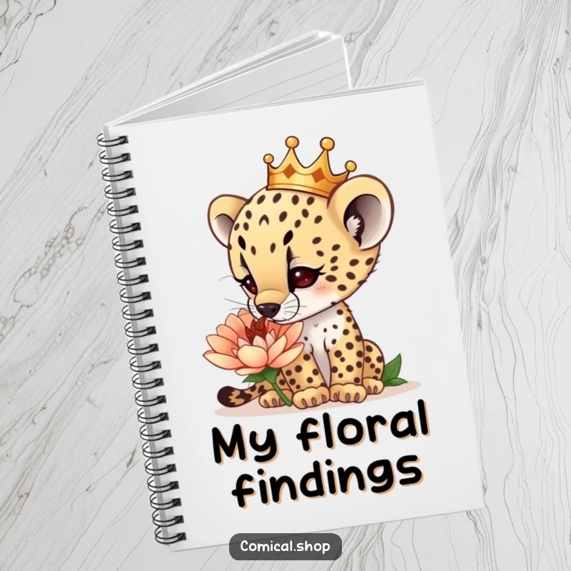 Funny curious cheetah cub wearing a tiny crown, sniffing a giant flower, on the cover of a notebook, for jotting down discoveries, a funny gift.