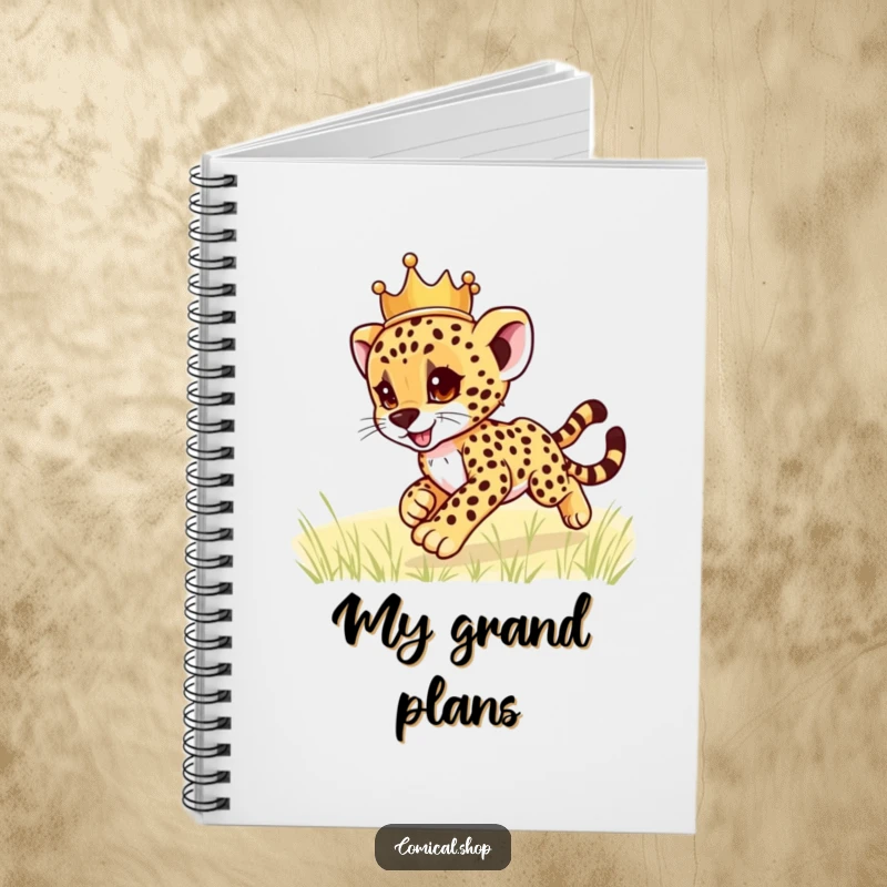 Funny cheetah cub wearing a crown, zooming playfully, on the cover of a notebook, for jotting down ideas with humor, a funny gift.
