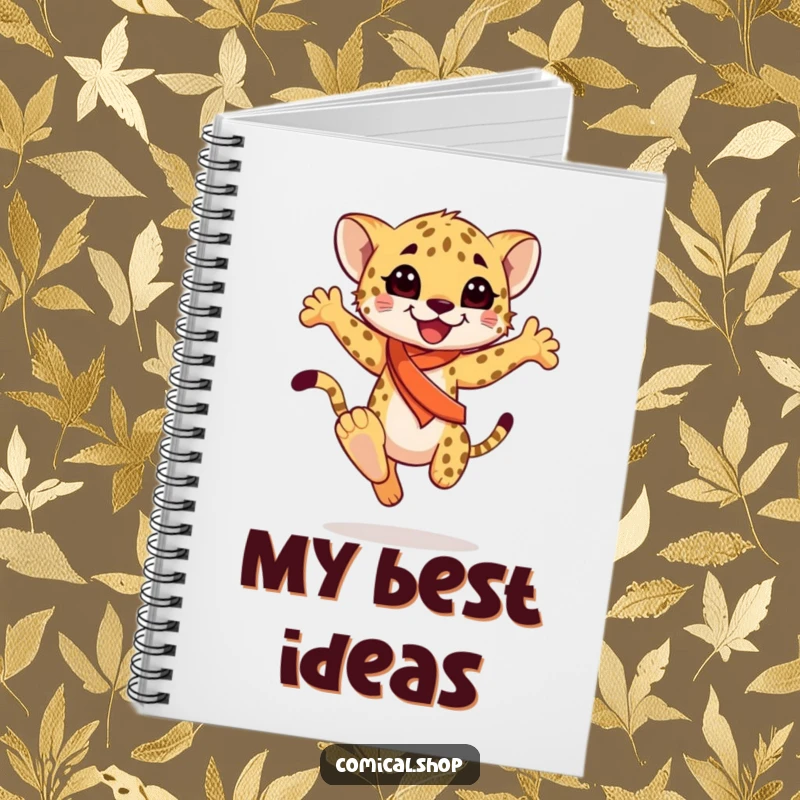 Funny happy cheetah cub wearing a sash, mid-graceful leap, on the cover of a notebook, for capturing ideas with elegance, a funny gift.