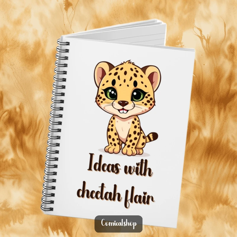 Funny cheetah cub striking a sleek, stylish pose with a confident grin, a humorous and practical notebook for stylish minds.