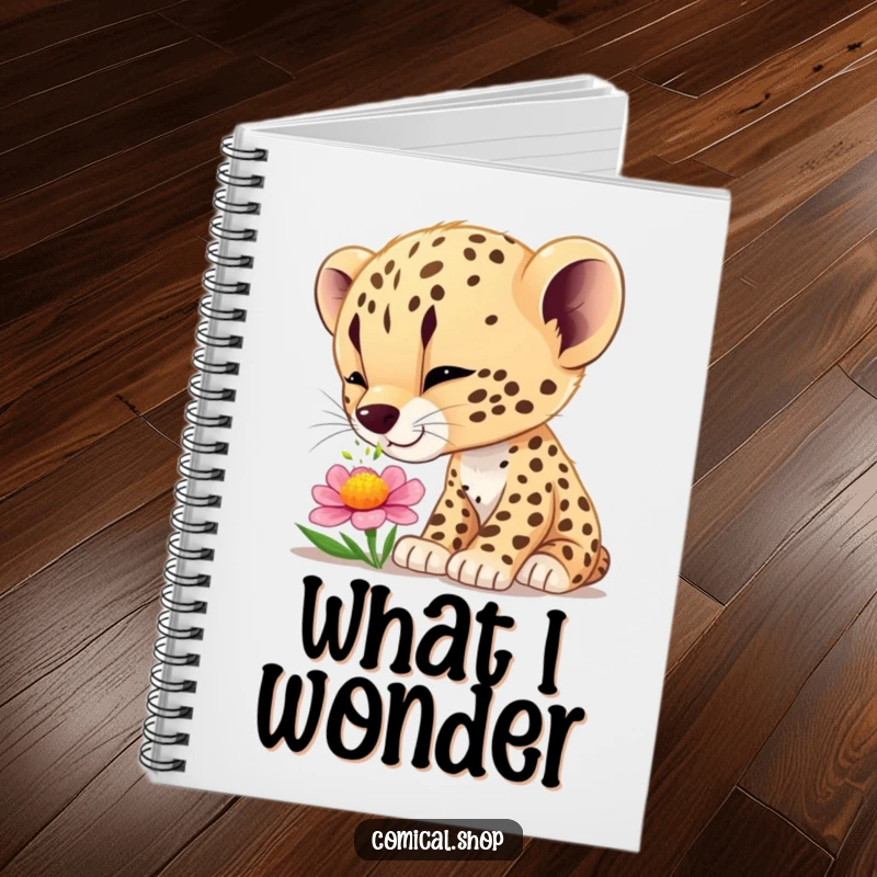 Funny cheetah cub wonder notebook featuring a curious cub smelling a flower, ideal for jotting down ideas with wonder.