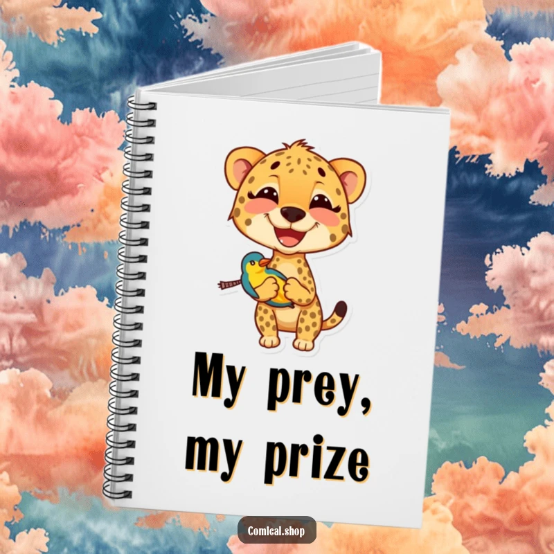 Funny cheetah notebook cover showing a smiling cheetah holding a small, colorful bird, ideal for jotting down humorous thoughts.