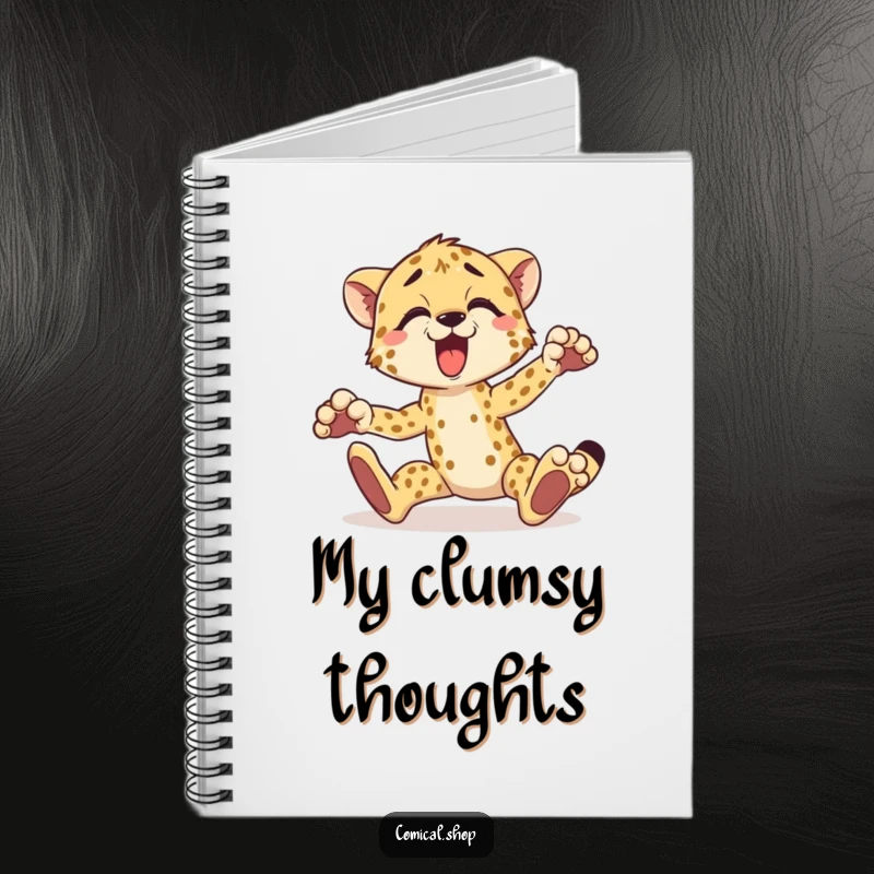 Funny cheetah notebook with a surprised cheetah tripping over its paws, ideal for journaling and note-taking.