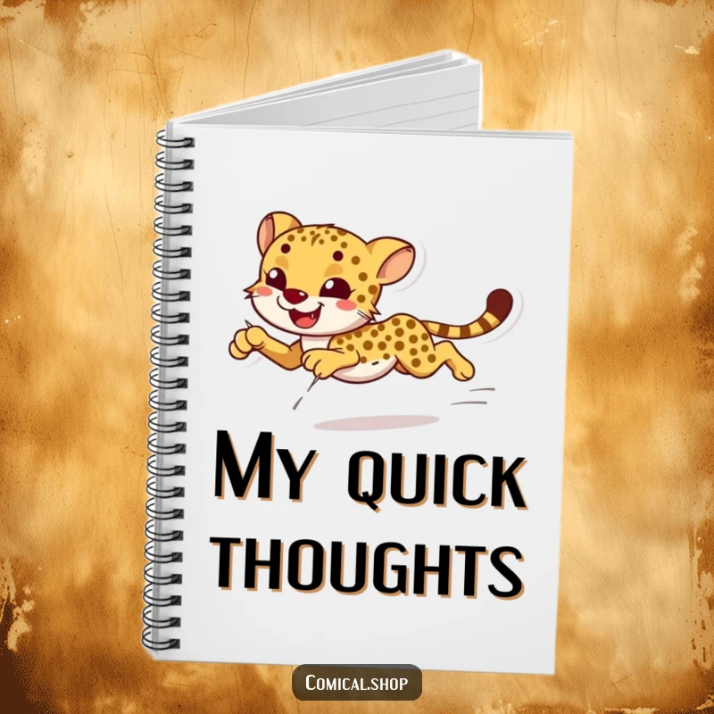 Funny smiling cheetah sprinting with effortless grace on a notebook, ideal for journaling.