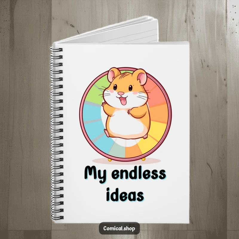 Funny notebook cover with a cheerful hamster running fast on a colorful wheel, ready for energetic thoughts.