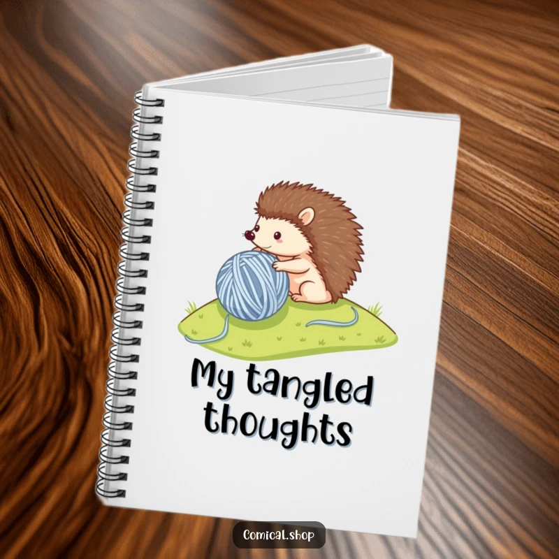 Funny notebook with a small hedgehog rolling a huge ball of yarn, ideal for writing down crafty ideas.