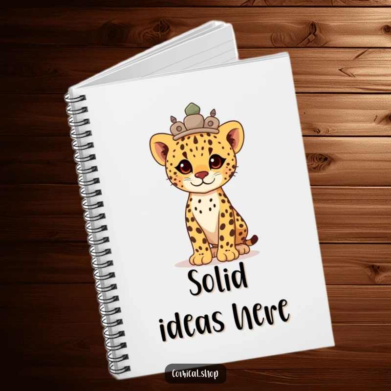 Funny proud cheetah cub wearing a stone crown, standing tall, this notebook inspires strong ideas.
