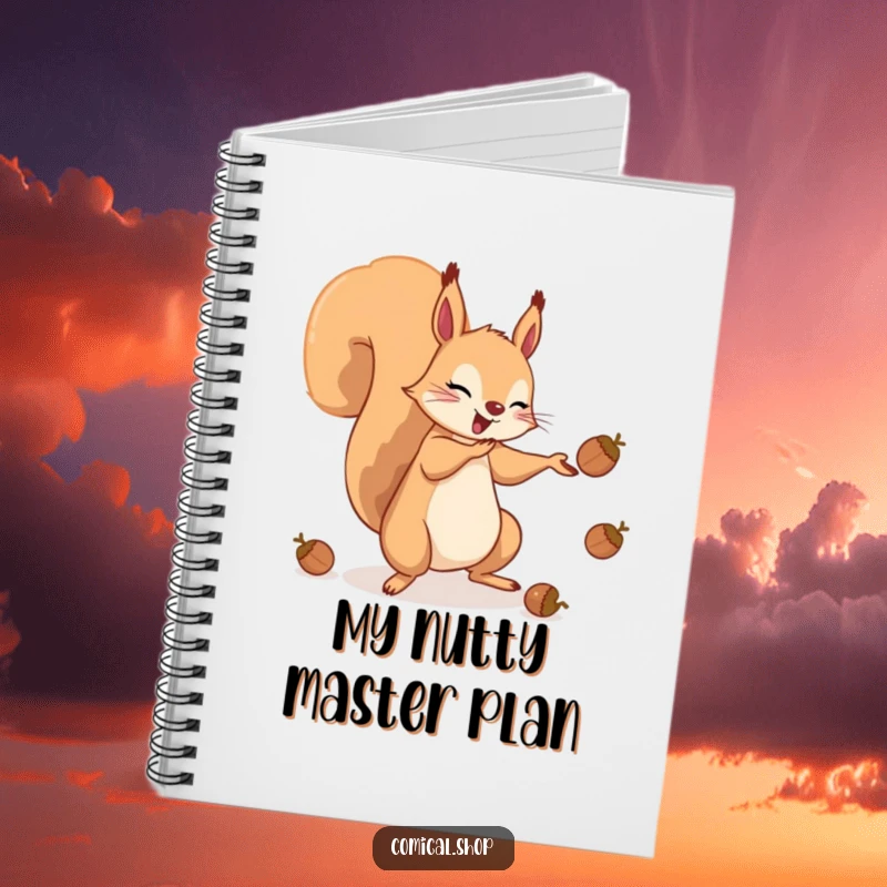 Funny notebook cover showcasing a squirrel enthusiastically juggling acorns with its tail, ready for creative thoughts.
