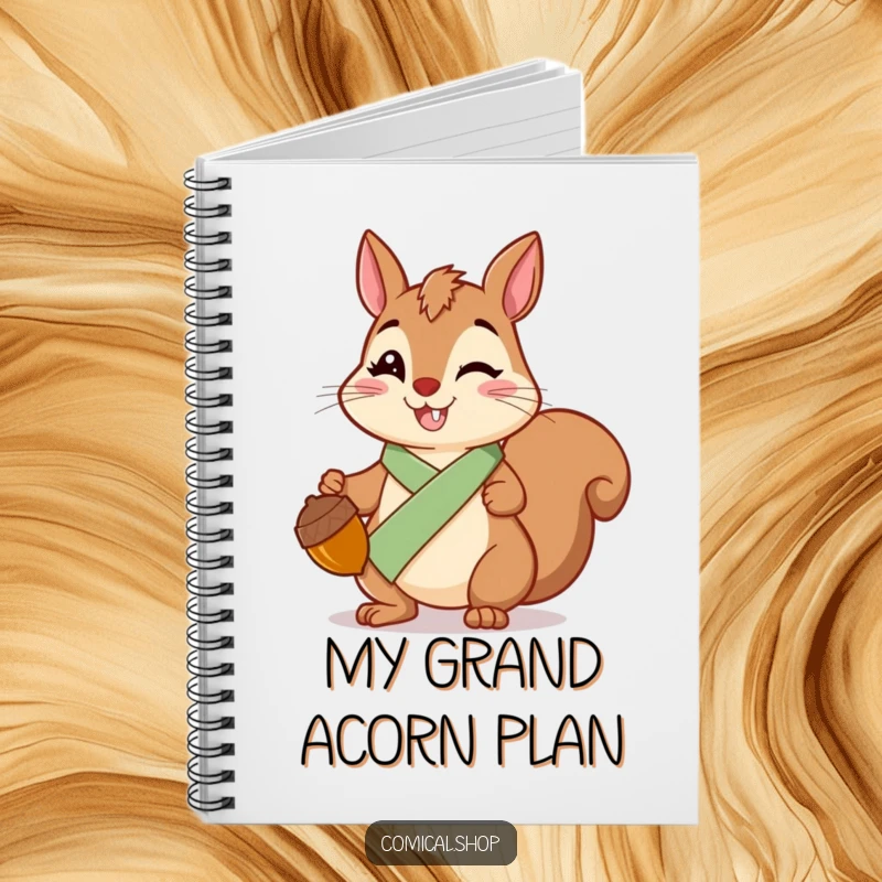 Funny Squirrel Sash Notebook featuring a cheerful squirrel wearing a sash, holding a shiny acorn, for writing and planning.
