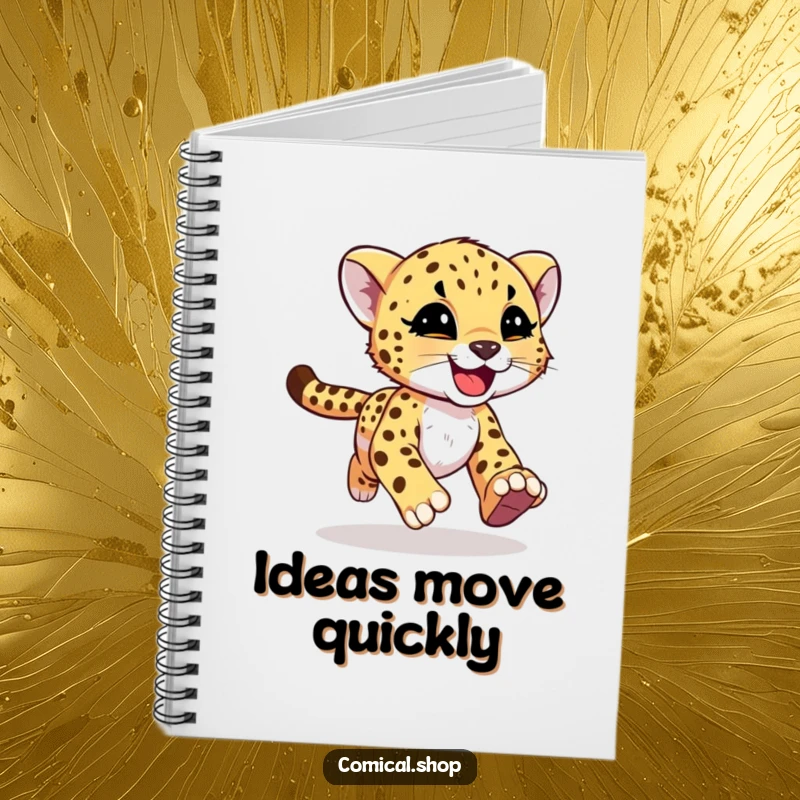 Funny cheetah cub with joyful motion streaks on a notebook, symbolizing swift ideas for screen readers.