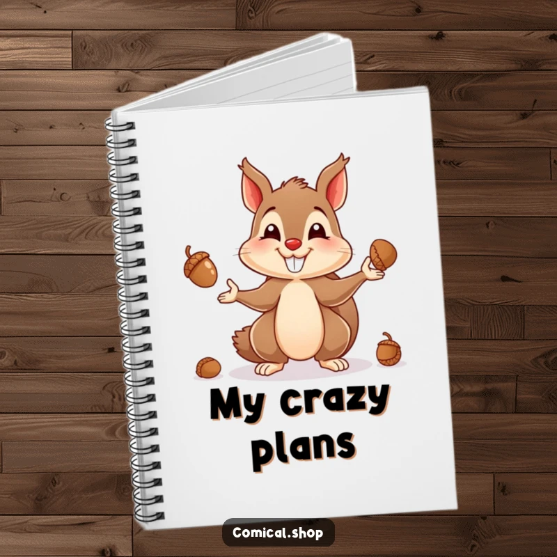 Funny notebook with a happy squirrel juggling acorns, ideal for writing down brilliant ideas or to-do lists.