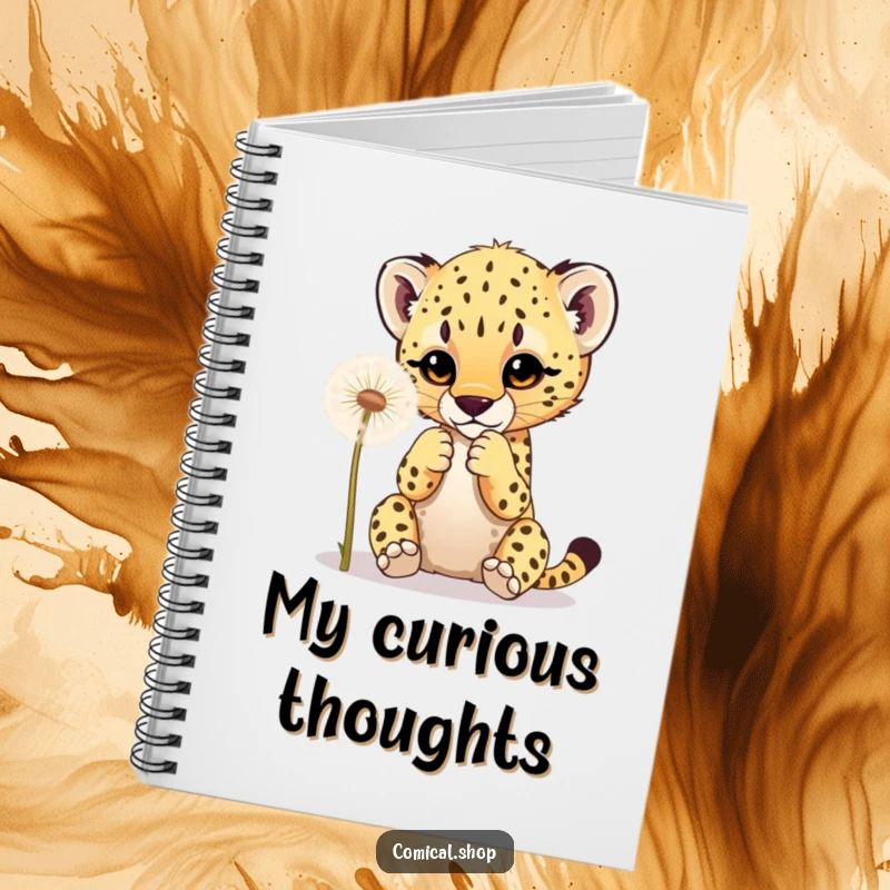 Funny notebook with a cheetah cub playfully batting at a dandelion, encouraging creative and cheerful writing.
