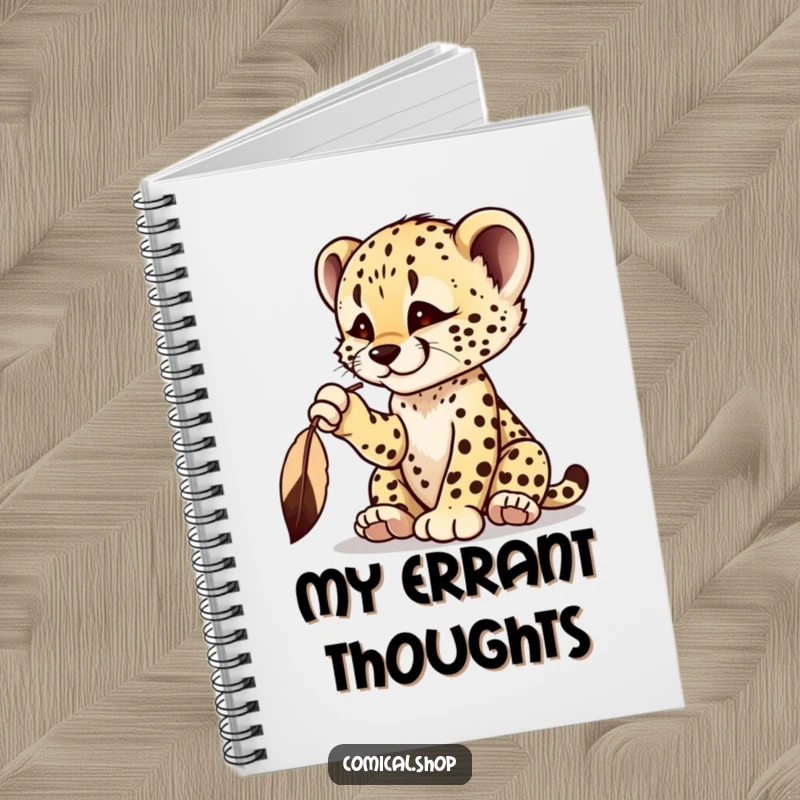 Funny cheetah cub notebook with a playful cub batting at a dangling feather, inspiring curiosity.