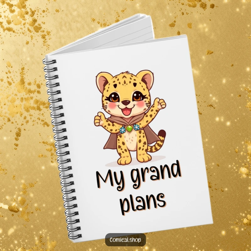 Funny cheetah cub in a shimmering sequined cape striking a pose of triumph, this notebook inspires creativity.