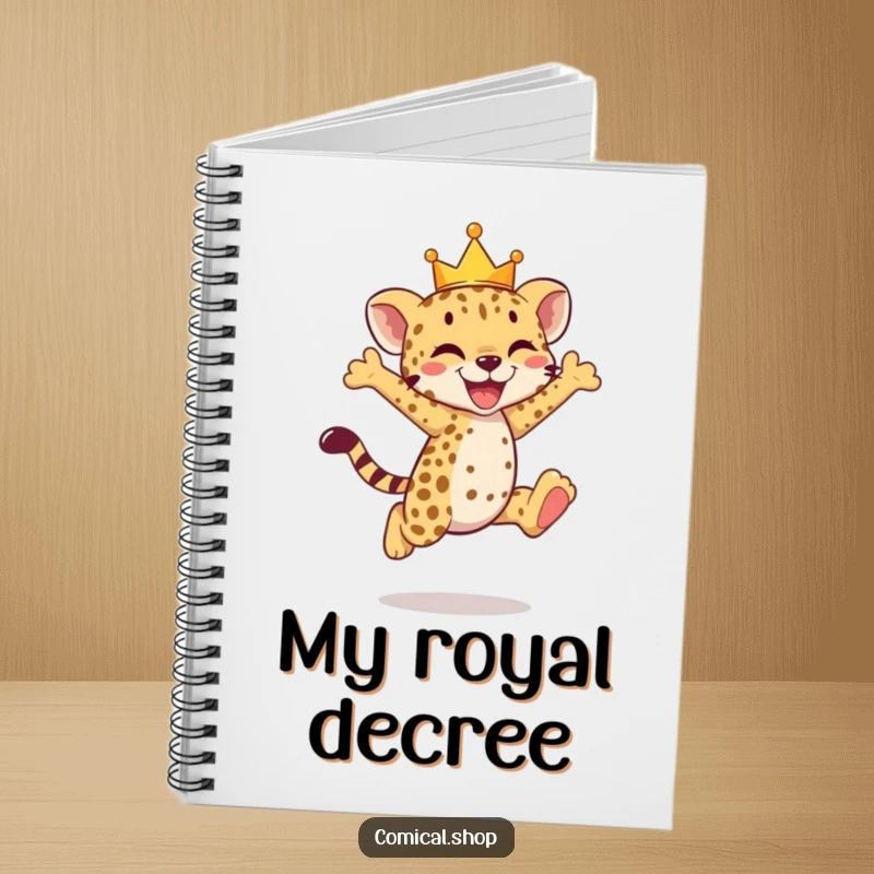 Funny cheetah cub notebook with a crowned cub mid-joyful leap, inspiring grand ideas.