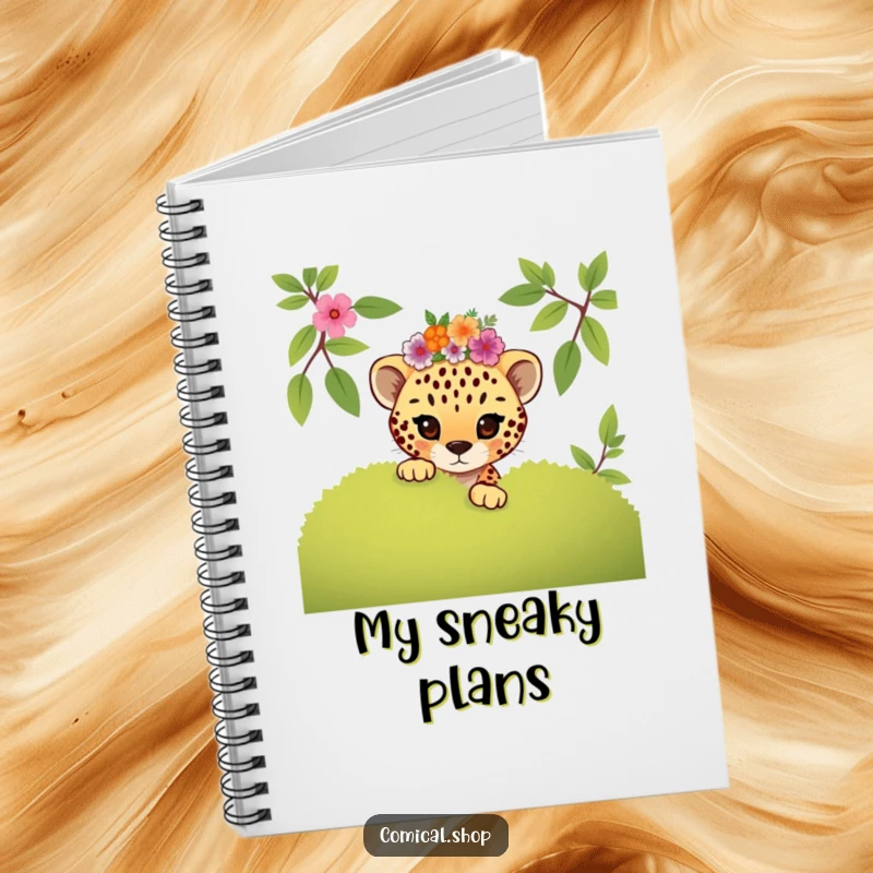 Funny mischievous cheetah cub wearing a floral crown peeking, this notebook inspires playful thoughts and creativity.