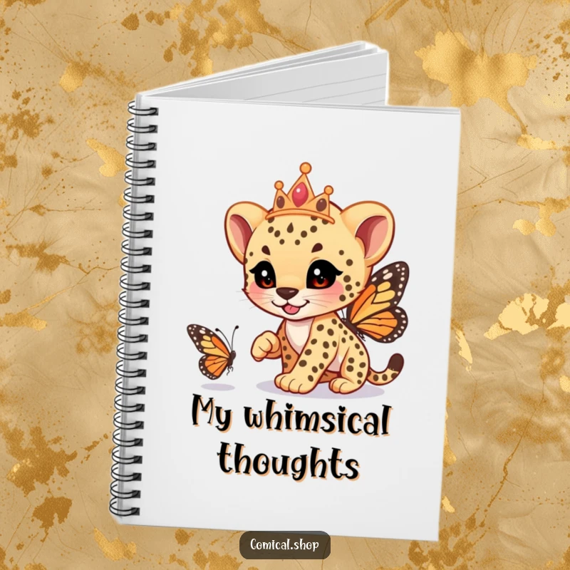 Funny cheetah cub wearing a tiara, playfully racing a butterfly, on the cover of a notebook, for jotting down ideas with humor, a funny gift.