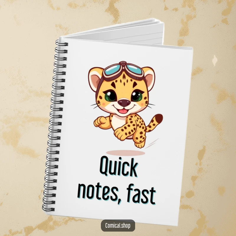 Funny cheetah cub racing notebook featuring a speedy cub, ideal for jotting down ideas with fast-paced humor.