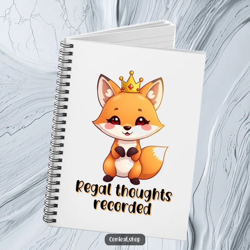 Funny Fox Crown Notebook featuring a cute fox wearing a tiny crown, striking a playful pose, for writing and drawing.