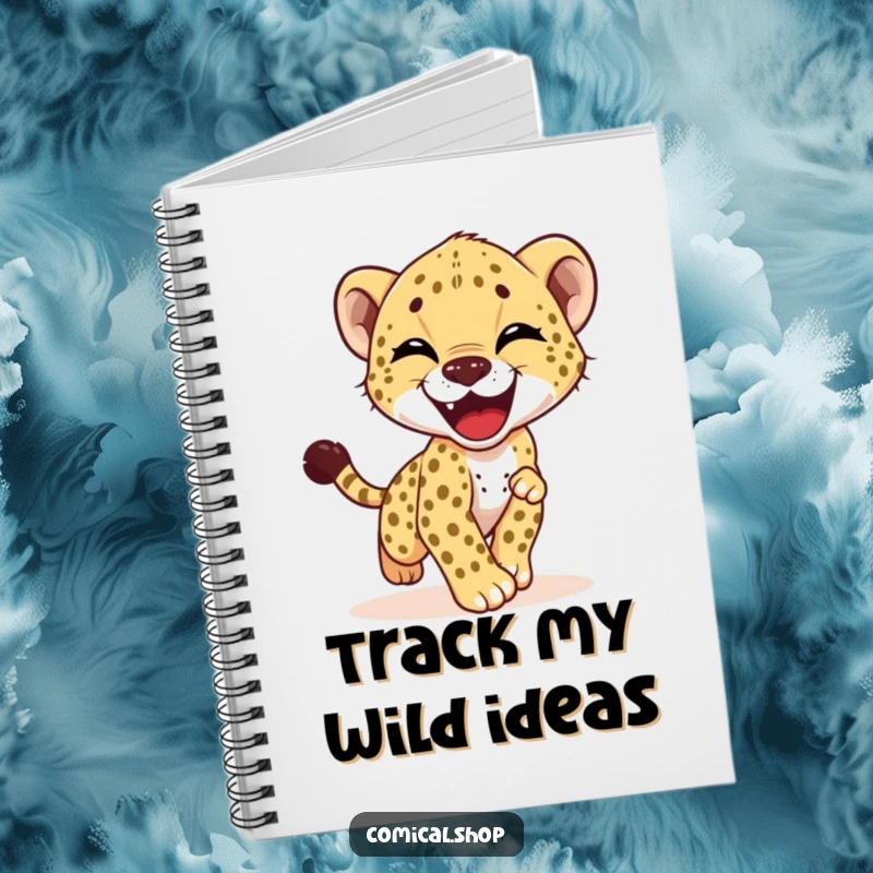 Funny notebook cover with a cheetah cub gleefully chasing its tail, perfect for jotting down funny notes or creative ideas.