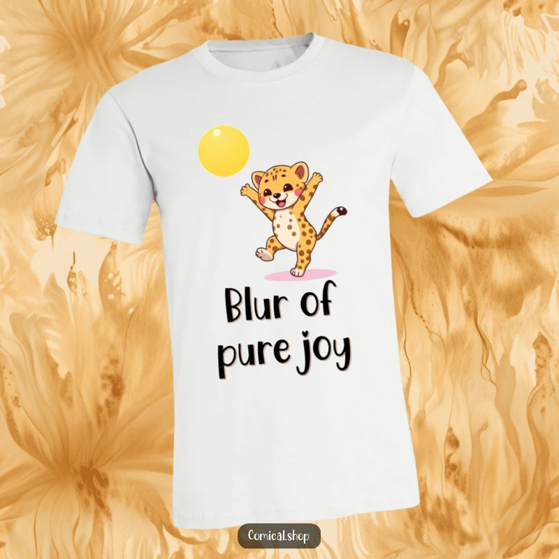 Funny cheetah cub wearing a t-shirt, doing a cartwheel under a bright sun, conveying athletic fun and boundless energy for a funny gift.