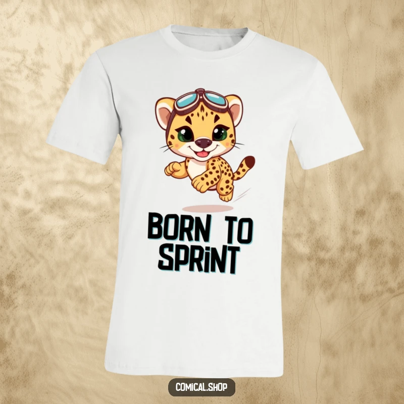 Funny cheetah cub t-shirt showing a cute cub in racing goggles, speeding with a grin, representing fast-paced fun.