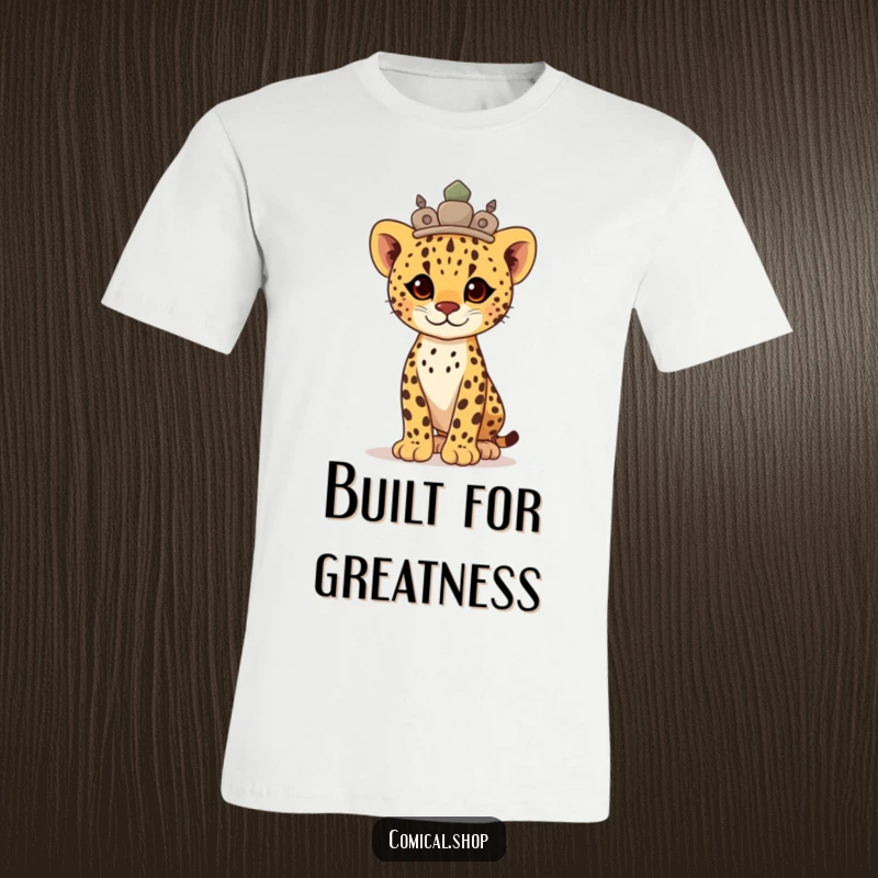 Funny proud cheetah cub adorned with a stone crown, standing tall and majestic on this strong t-shirt.