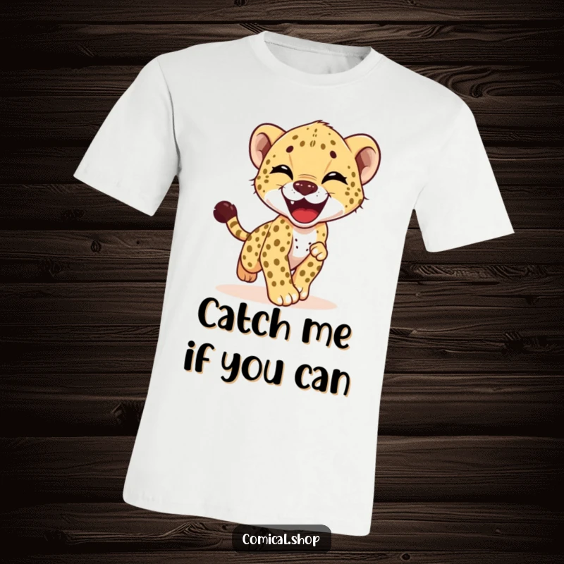 Funny t-shirt showing a delighted cheetah cub gleefully chasing its own tail, radiating pure fun and playful mischief.