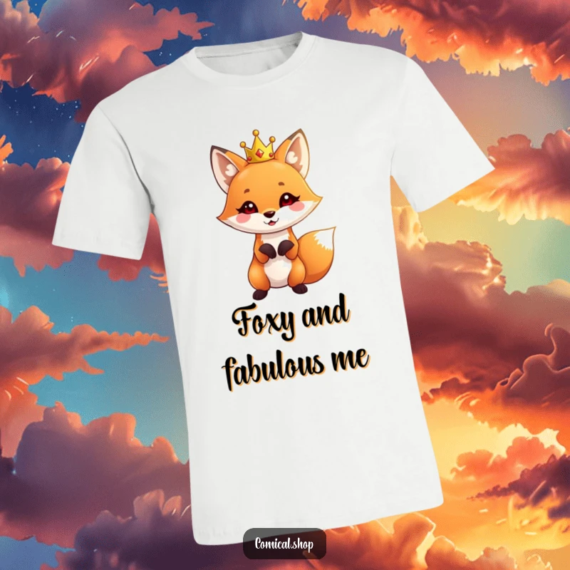 Funny Fox T-Shirt with a cute fox wearing a tiny crown, striking a playful pose, exuding confidence and charm.