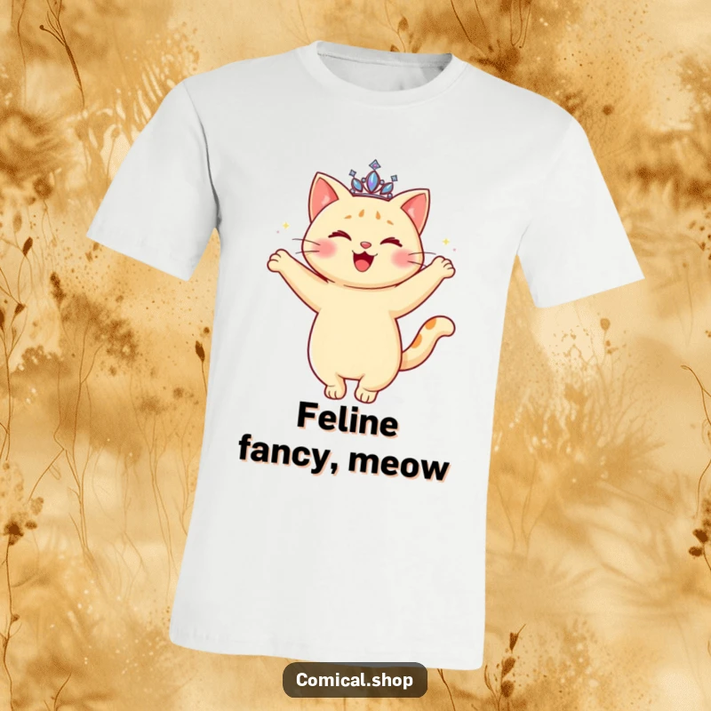 Funny Cat Tiara T-Shirt featuring a happy cat with a sparkling tiara, doing a graceful twirl, expressing pure delight.
