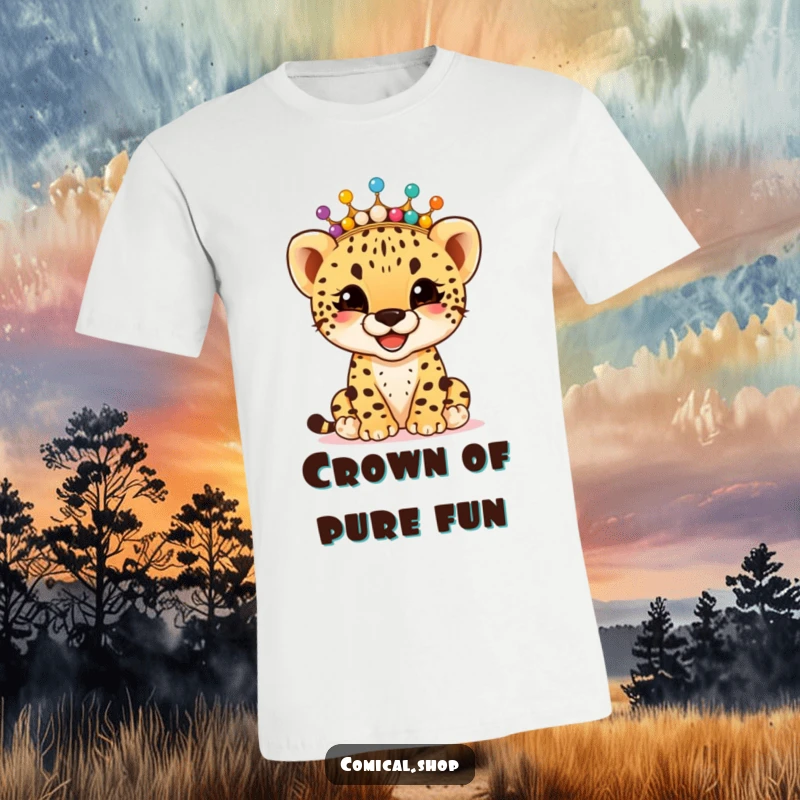 Funny giggling cheetah cub wearing a crown of colorful beads, on a soft t-shirt, spreading happiness, a fantastic funny gift.