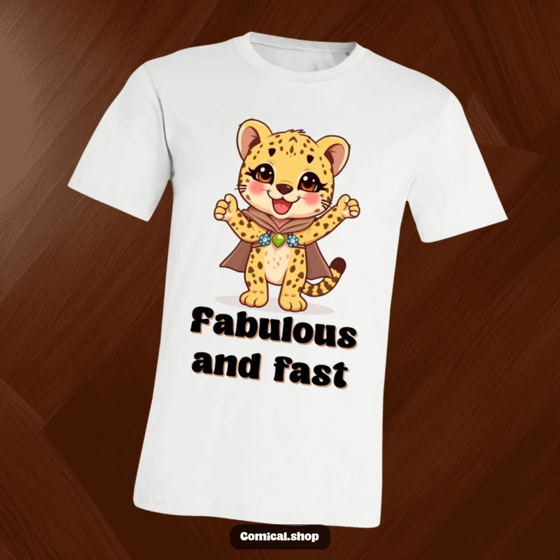 Funny cheetah cub striking a triumphant pose in a glittering sequined cape, perfect for a funny gift t-shirt.
