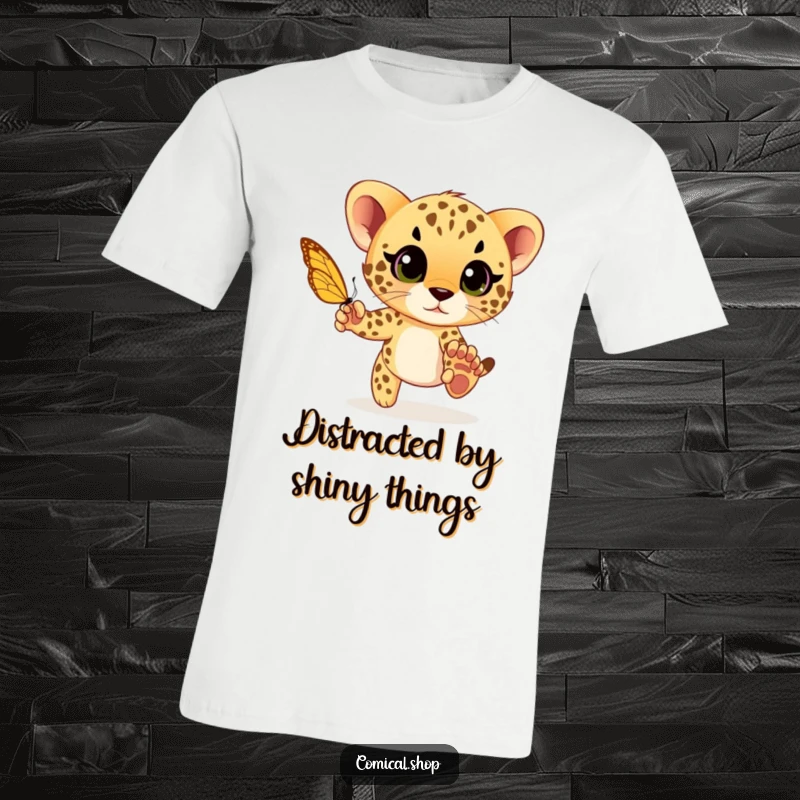 Funny cheetah cub playfully chasing a butterfly with wide eyes, a playful and innocent design for a humorous t-shirt.