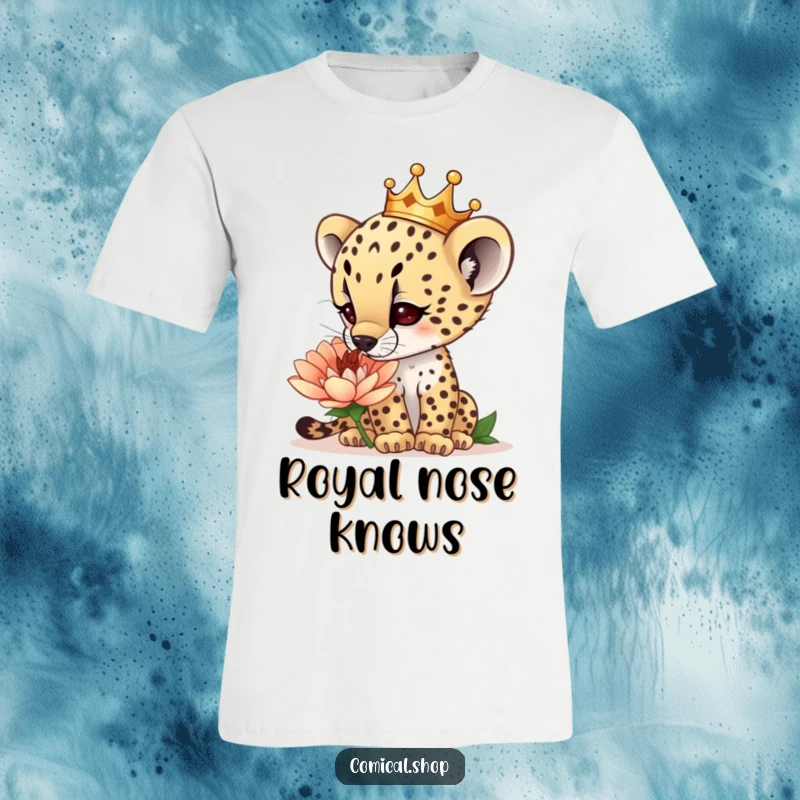 Funny curious cheetah cub wearing a tiny crown, sniffing a giant flower, on a soft t-shirt, promoting exploration, a fantastic funny gift.