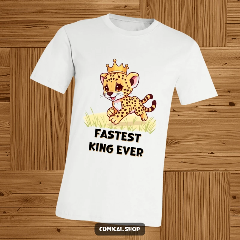 Funny cheetah cub wearing a crown, full of playful energy, zooming across a field, printed on a soft t-shirt, a great funny gift.