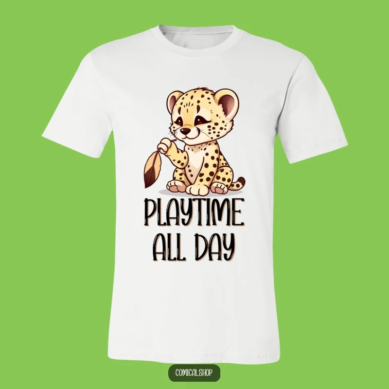 Funny Cheetah Cub Feather T-Shirt - Playful Pursuit Tee