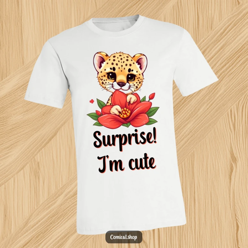 Funny t-shirt with a cheetah cub playfully peeking out from behind a bright red flower, embodying curiosity and charm.