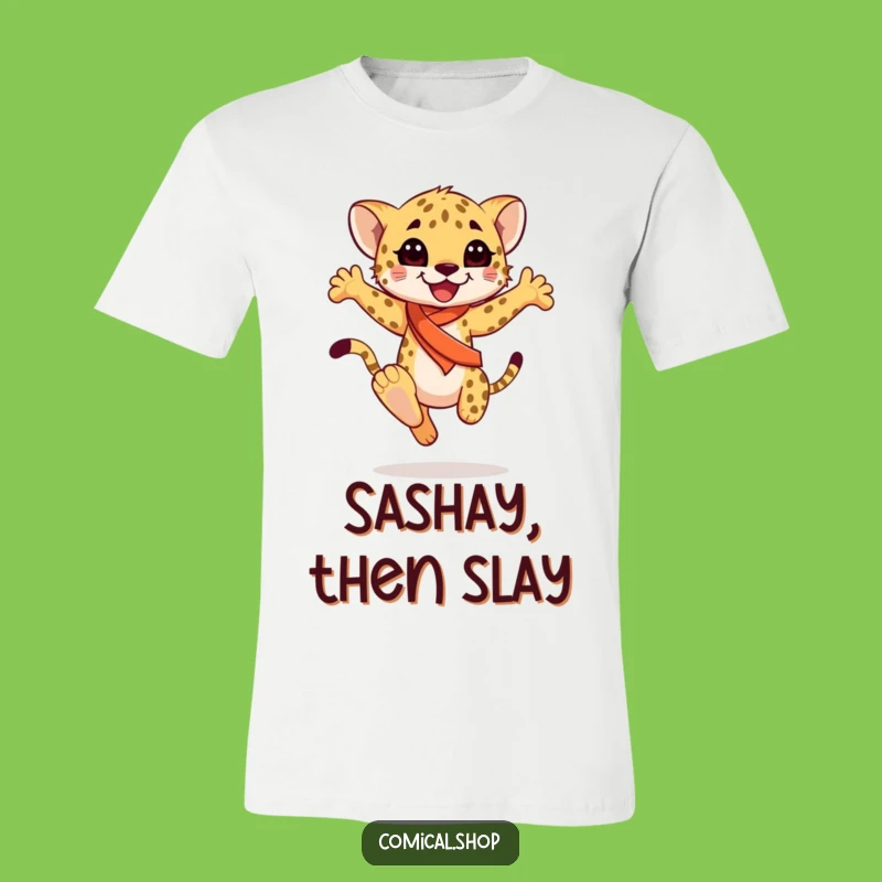 Funny Cheetah Cub Sash T-Shirt: Graceful Leaping Design, Great Funny Gift