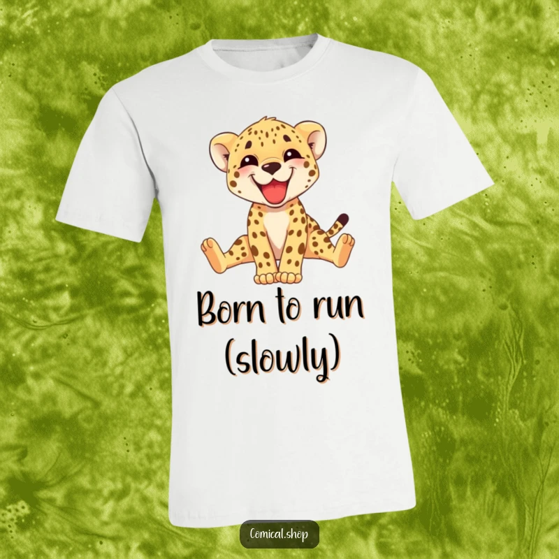 Funny cheetah cub t-shirt showing a happy cub grinning while stretching its long legs, full of playful energy. A great gift.
