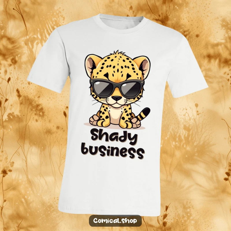 Funny cheetah cub t-shirt featuring a cool cub wearing oversized sunglasses, great for trendy casual wear.