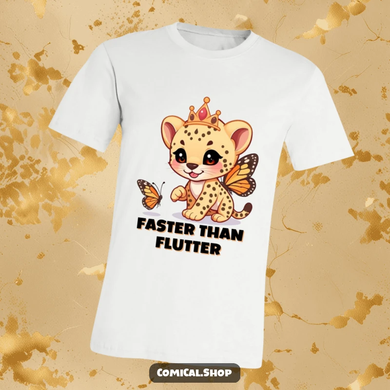 Funny cheetah cub wearing a tiara, playfully chasing a butterfly, on a soft t-shirt, promoting fun, a fantastic funny gift.