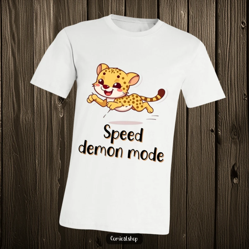 Funny smiling cheetah sprinting with effortless grace on a t-shirt, great for athletes and animal fans.