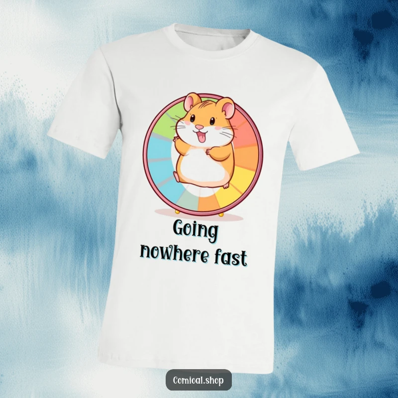 Funny t-shirt print of a delighted hamster running at full speed on a bright, spinning wheel, full of glee.