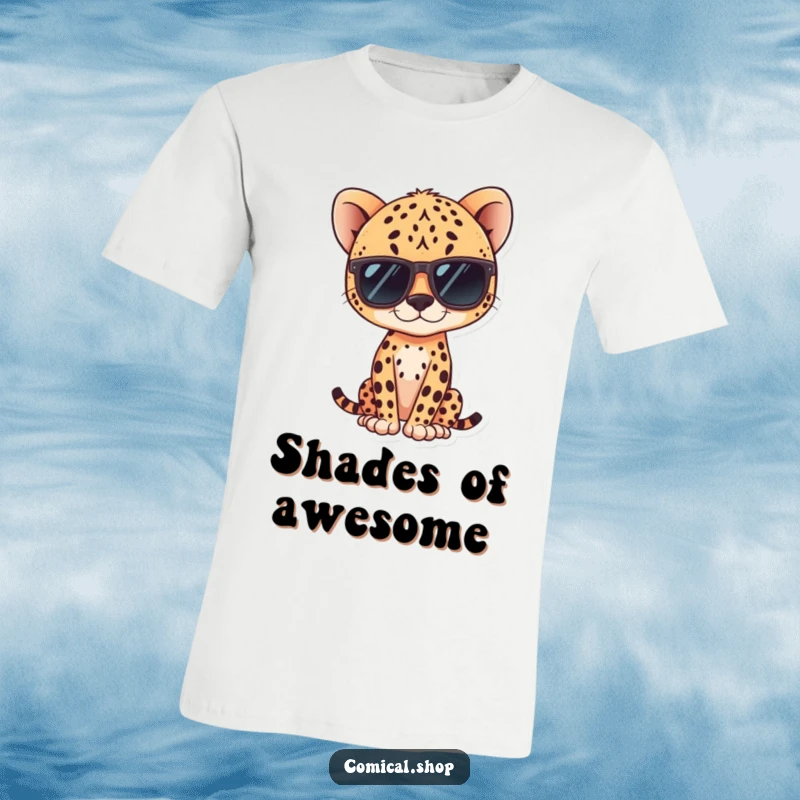 Funny kawaii cheetah wearing sunglasses, posing confidently on a t-shirt, great for animal lovers.