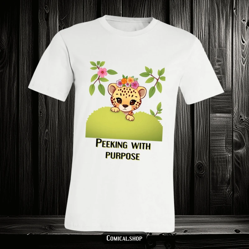 Funny mischievous cheetah cub wearing a floral crown peeking from behind a bush on this playful t-shirt.