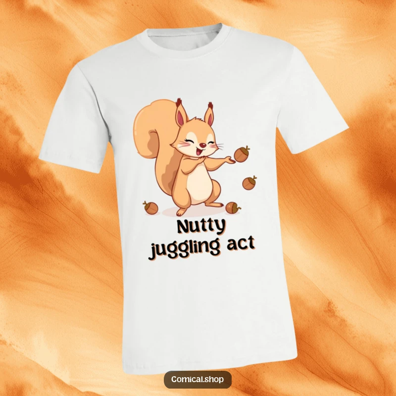 Funny t-shirt featuring a whimsical squirrel artistically juggling acorns using its agile tail, showcasing pure nutty joy.