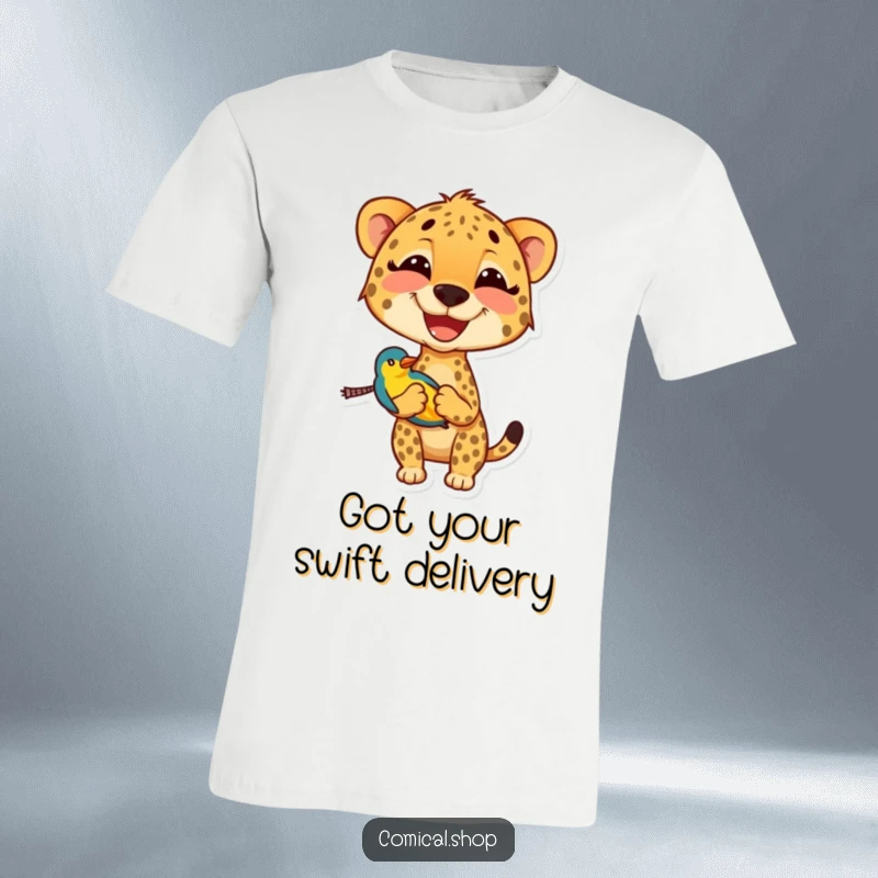 Funny cheetah t-shirt featuring a wide grin while transporting a small, vibrantly colored bird, conveying playful mischief.