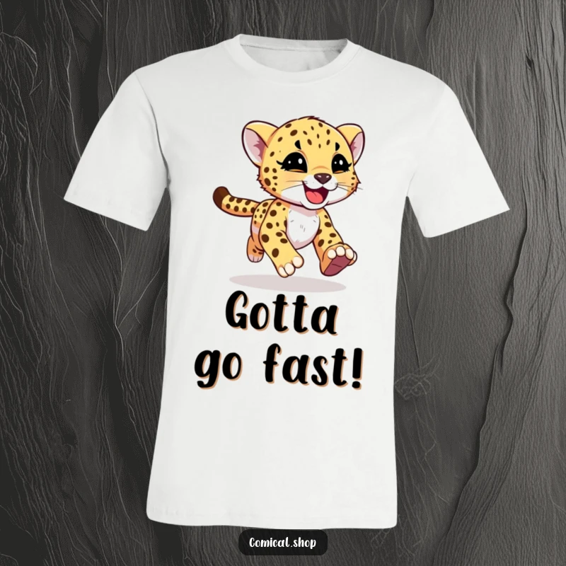 Funny cheetah cub with motion streaks running freely on a t-shirt, capturing playful energy for screen readers.