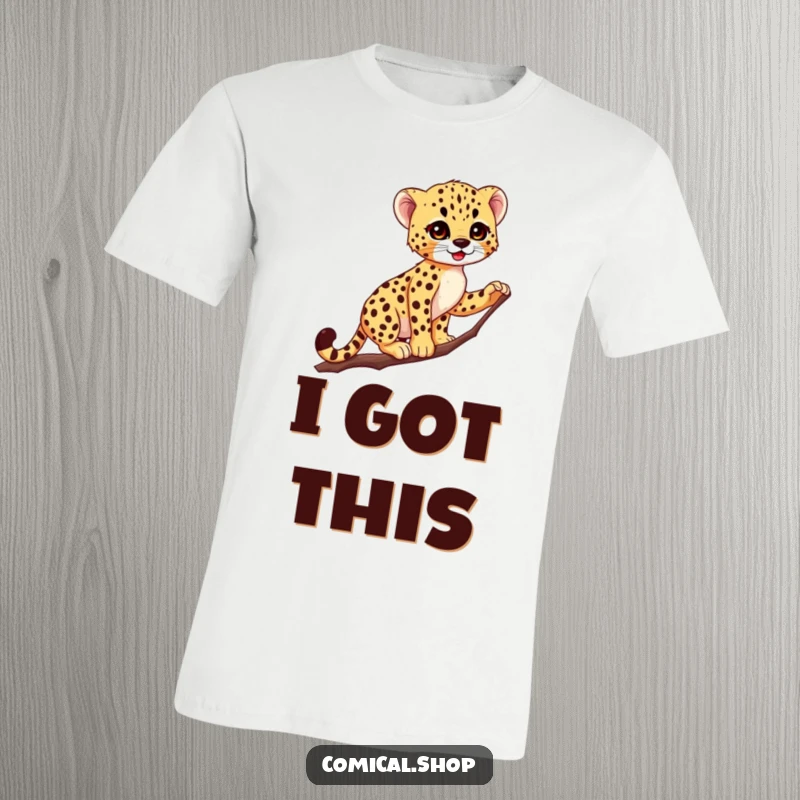 Funny Cheetah Cub T-Shirt: Adorable spotted cub masterfully balances on a thin branch, conveying pure joy and surprising agility.
